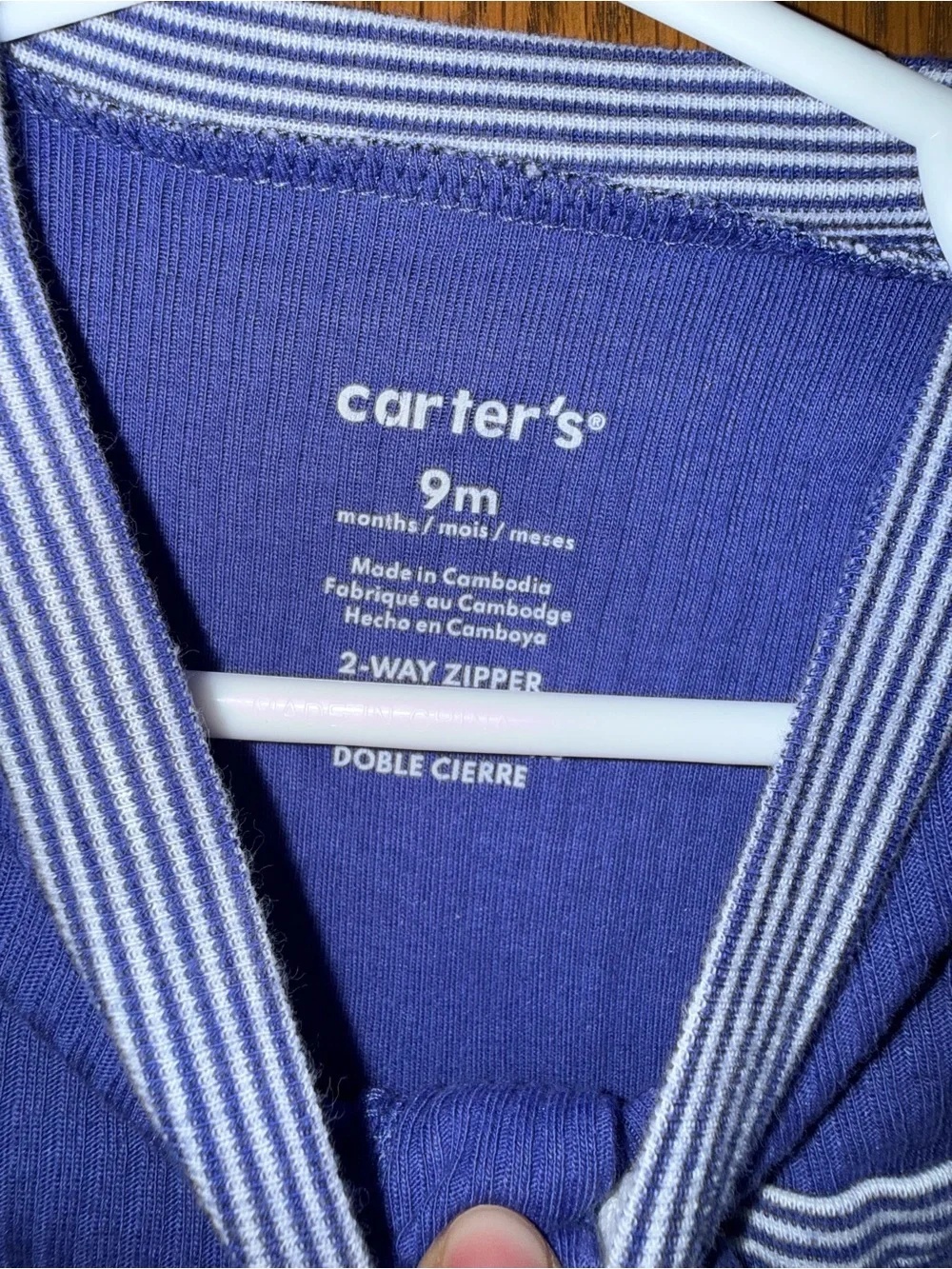 Carter's Solid Blue Footed One-Piece with Striped Trim